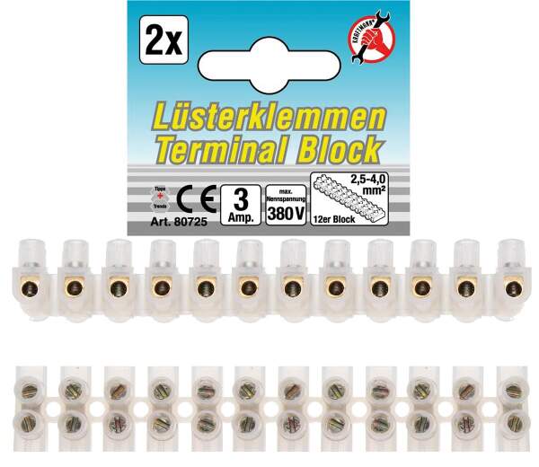 Lüsterklemmen | 2,5 mm² | 3 Amp. | 2 Stück | 12er Block