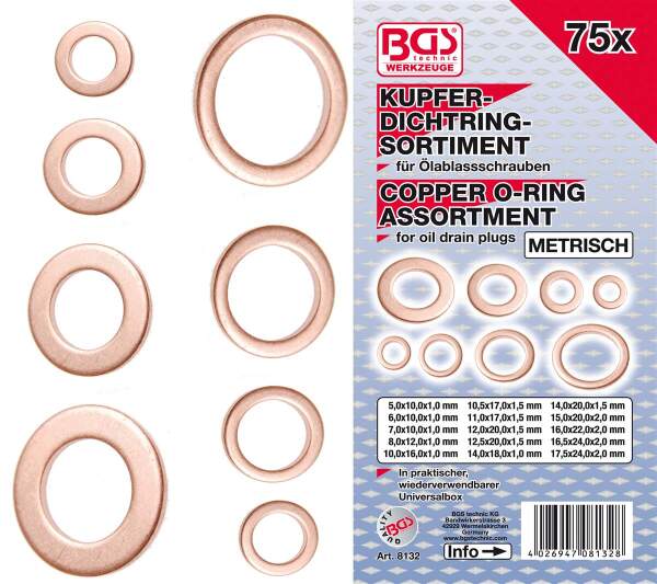 Dichtring-Sortiment | Kupfer | metrisch | für Öl-Ablassschrauben | 75-tlg.