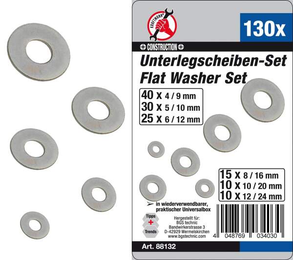 Unterlegscheiben-Sortiment | Ø 4 - 12 mm (innen) | 130-tlg.