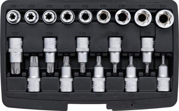 Bit-Einsatz-/Steckschlüssel-Satz | Antrieb Innensechskant 12,5 mm (1/2") | T-Profil (für Torx)/E-Profil | 19-tlg.