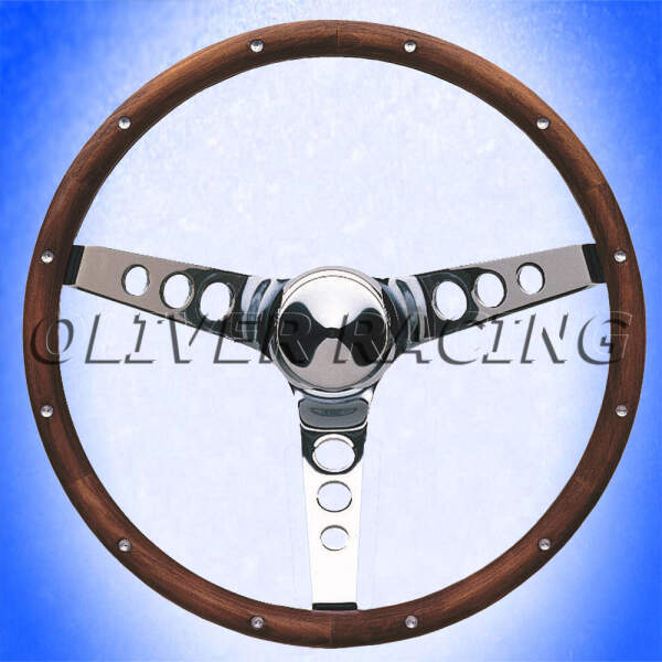 LENKRAD GRANT 343 mm HOLZ 3 CHROMSPEICHEN Chrom Holzlenkrad Universal Classic