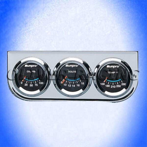 Zusatzinstrument 3 fach chrom Öldruck, Voltmeter, Wassertemperatur Temp/ volt/Öldr. Sunpro Anzeigen Durchmesser: 2"  50,8 mm