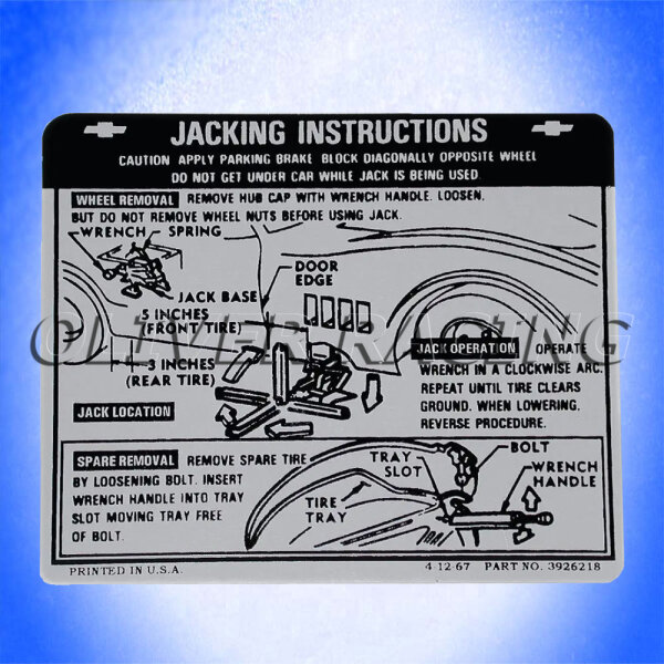 Aufkleber "Jacking Instructionsl" Chevrolet Corvette C3 1968 69 70 71 1972