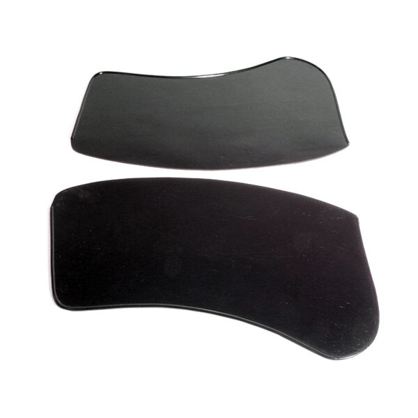 Gravel Shields.  Flat without metal backing plates.  Apply with contact cement.  16" long X 9" wide at top and 7-1/2" wide at bottom.  Pair