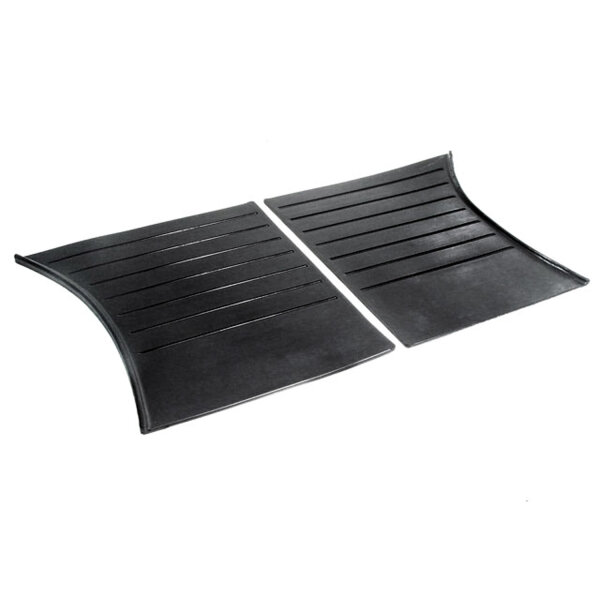 Gravel Shields.  Molded flat without metal backing plates.  Apply with contact cement.  13-5/8" long X 11" wide at top and 10-1/4" wide at bottom.  Pair