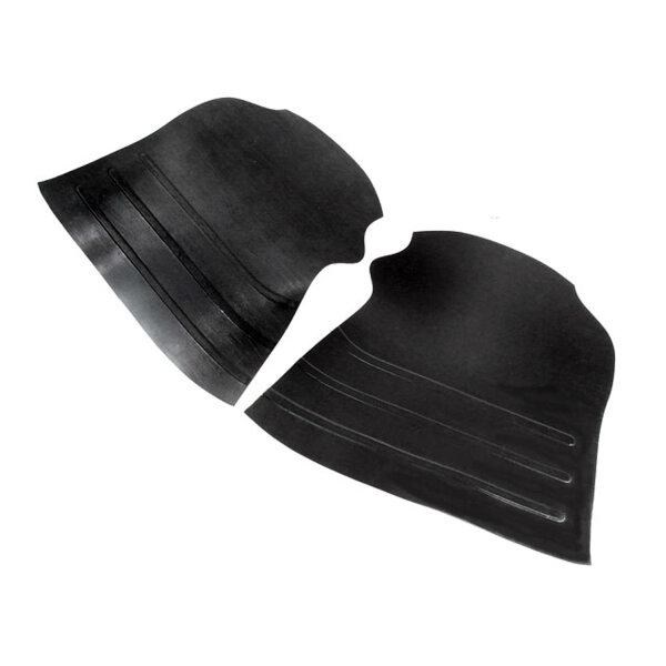 Gravel Shields.  Molded flat without metal backing plates.  Apply with contact cement.  13-1/4" long X 15-1/4" wide at top.  Pair