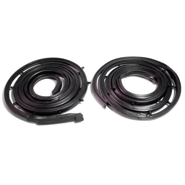 Molded Door Seals.  Made with molded ends, steel cores and clips.  For fastback and convertible. Each 10 long. Pair R&L