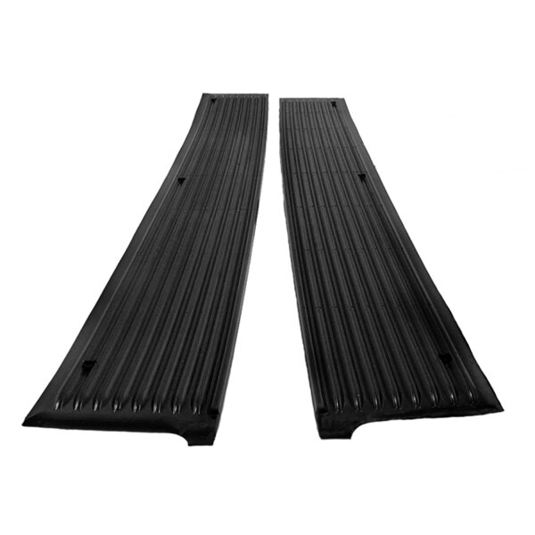 Inside running board covers (step-plate pads).  For 2-door models only. Made with steel backers like originals. 41-42: Does not have steel tabs on back. 46-48: 3 additional holes must be drilled. 5 in. wide x 42 in. long. Pair. R&L. NOTE: $13 special