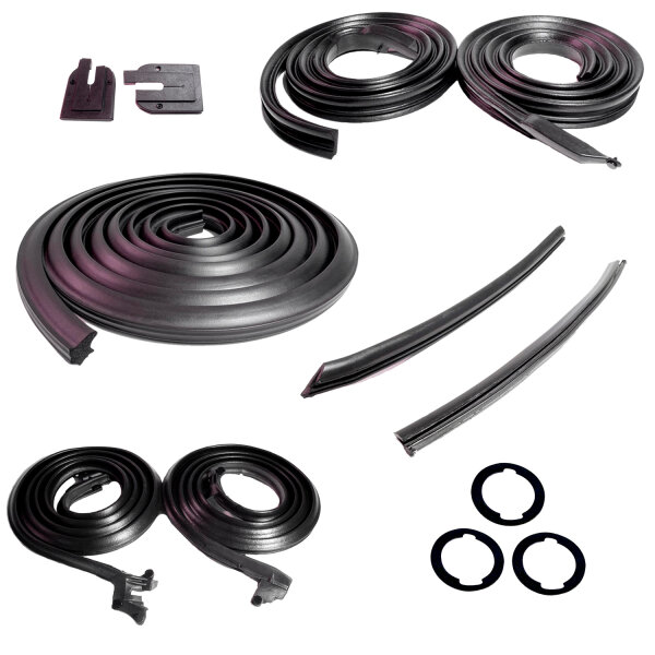 Master Kit for 2-Door Hardtops. Door Seal(LM 12-C), Roof Rail Seal(RR 5000), Trunk Seal(TK 46-16), Door Lock Pillars(ALP 5001), 3-Lock Cylinder Pads(UM 1600-100), Rear Roll-up Seal(VS 3-I)