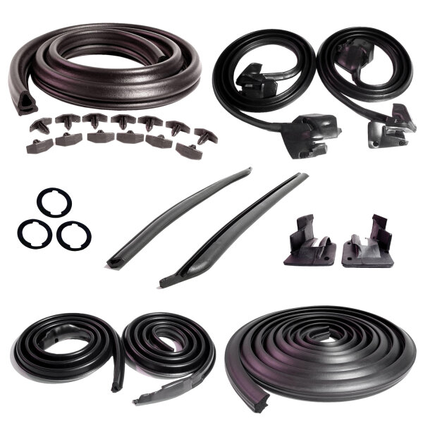 Master Kit. 2-door hardtops. Includes door seal(LM 12-A), roof-rail seal (RR 5003), trunk seal(TK 46-16), door lock pillar seals (ALP 5002), (3) lock cylinder pads (UM 1600-100), rear roll-up seals (VS 3-M) and hood-to-cowl seal (CS 5).