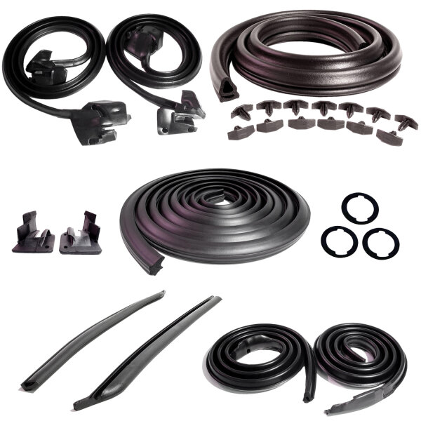 Master Kit. 2-door hardtops. Includes door seal(LM 12-A), roof-rail seal (RR 5003), trunk seal(TK 46-16), door lock pillar seals (ALP 5002), (3) lock cylinder pads (UM 1600-100), rear roll-up seals (VS 3-M) and hood-to-cowl seal (CS 5).