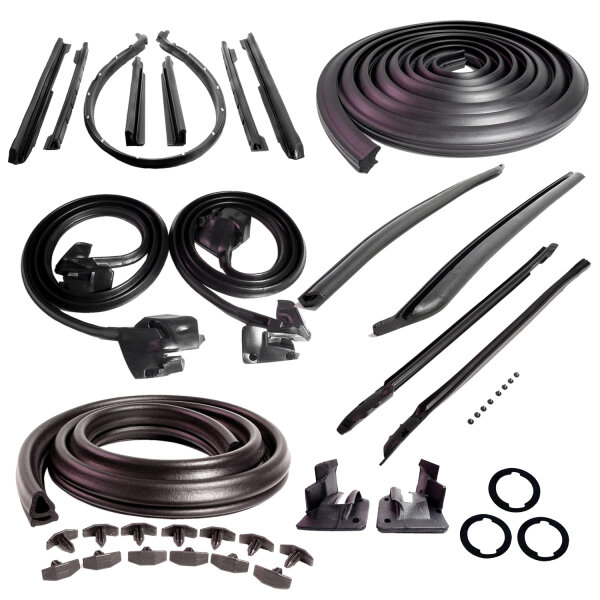 Master Kit. Convertible. Includes door seal (LM 12-A), roof-rail seal (RR 1610), trunk seal (TK 46-16), door lock pillar seals (ALP 5002), (3) lock cylinder pads (UM 1600-100), rear roll-up seals (VS 3-M), hood-to-cowl seal (CS 5) and pillar-post seals (C