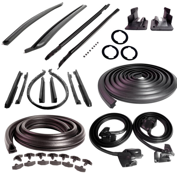 Master Kit. Convertible. Includes door seal (LM 12-A), roof-rail seal (RR 1610), trunk seal (TK 46-16), door lock pillar seals (ALP 5002), (3) lock cylinder pads (UM 1600-100), rear roll-up seals (VS 3-M), hood-to-cowl seal (CS 5) and pillar-post seals (C