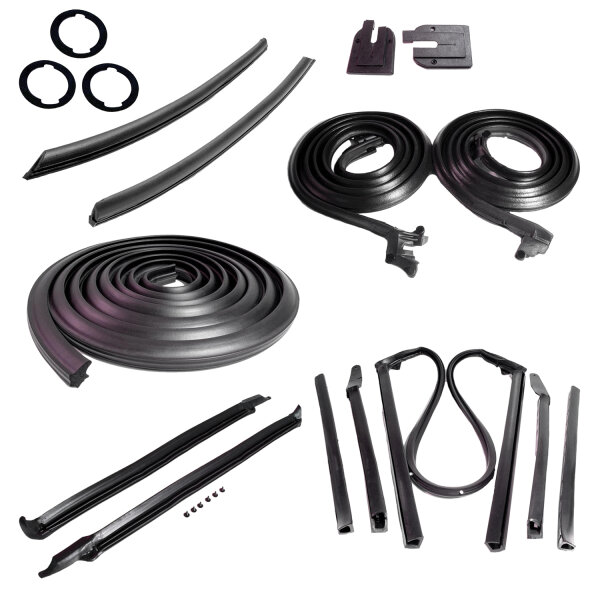 Master kit. Convertible.  Molded door seals (LM 12-C), roof-rail seals (RR 1611), trunk seal (TK 46-16), door-lock pillar seals (ALP 5001), door/trunk lock cylinder pads (UM 1600-100), rear roll-up seals (VS 3-H), pillar post seals (CZ 8108).