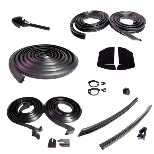 Master kit. 2-door hardtop.  Molded door seals (LM 12-C), roof-rail seals (RR 5000), trunk seal (TK 46-16), door-lock pillar seals (ALP 5001), door/trunk lock cylinder pads (UM 1600-100), rear roll-up seals (VS 3-I), door bumpers (DB 33), hood bumpers (HF
