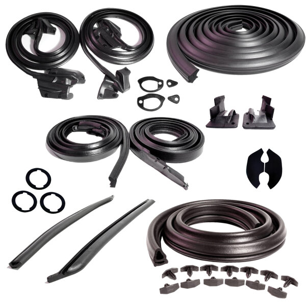 Master Kit. 2-door hardtop. Includes door seals  (LM 12-B), roof-rail seals (RR 5002), trunk seal (TK 46-16), door lock pillar seals (ALP 5002), (3) lock cylinder pads (UM 1600-100), rear roll-up seals (VS 3-M), door handle pads (MP 989-C ~ 4-pc set), A-A