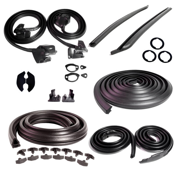Master Kit. 2-door hardtop with steel inner fenders without cowl induction. Includes door seals (LM 12-A), roof-rail seals (RR 5003), trunk seal (TK 46-16), door lock pillar seals (ALP 5002), (3) lock cylinder pads (UM 1600-100), rear roll-up seals (VS 3-