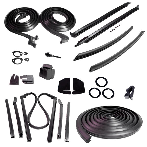 Master kit. Convertible.  Molded door seals (LM 12-C), roof-rail seals (RR 1611), pillar post seals (CZ 8108), trunk seal (TK 46-16), door-lock pillar seals (ALP 5001), door/trunk lock cylinder pads (UM 1600-100), door bumpers (DB 33), hood bumpers (HF 32