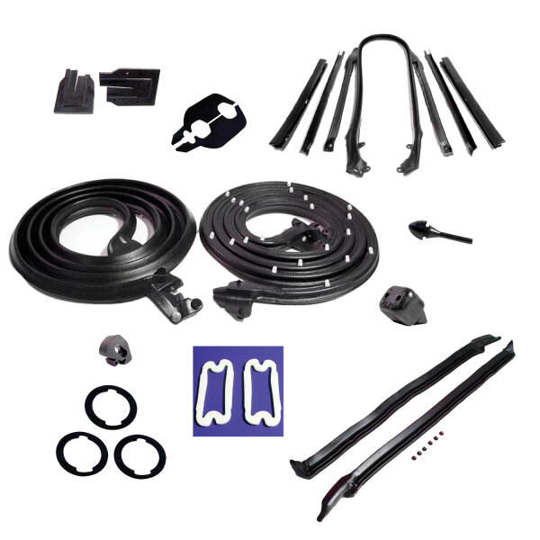 Master kit. Convertible. Molded door seals (LM 12-J), roof-rail seals (RR 1609), pillar post seals (CZ 8107), trunk seal (TK 46-16), park-light gaskets (LG 2003-103), door-lock pillar seals (ALP 5000), door/trunk lock cylinder pads (UM 1600-100), door bum