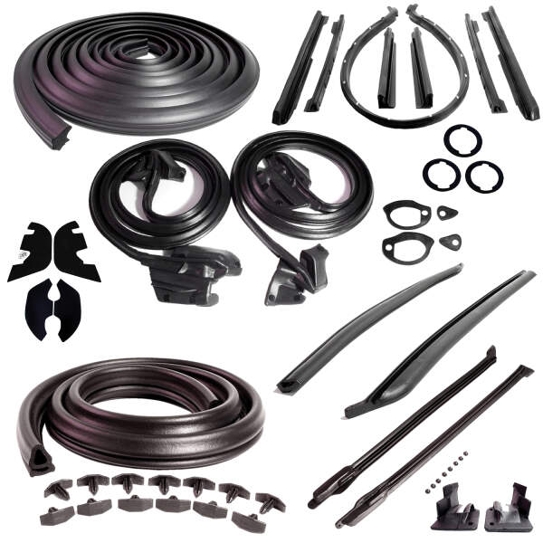 Master Kit. Convertible. Includes door seals (LM 12-B), roof-rail seals (RR 1610), trunk seal (TK 46-16), door lock pillar seals (ALP 5002), (3) lock cylinder pads (UM 1600-100), rear roll-up seals (VS 3-M), door handle pads (MP 989-C ~ 4-pc set), pillar-