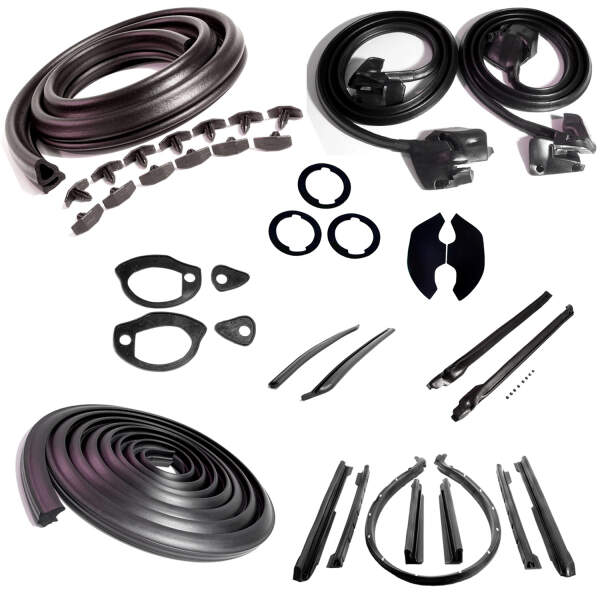 Master Kit for Convertibles w/Steel Inner Fenders. Door Seal(LM 12-A), Roof Rail Seal(RR 1610), Trunk Seal(TK 46-16), 3-Lock Cylinder Pad (UM 1600-100), Rear Roll-up Seal(VS 3-M), Hood/Cowl Seal(CS 5), Pillar Post Seal(CZ 8103-A), Door Handle Pad(MP 989-C