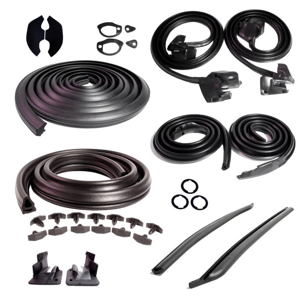 Master Kit. 2-door hardtop with steel inner fenders and cowl induction. Includes door seals  (LM 12-A), roof-rail seals (RR 5003), trunk seal (TK 46-16), door lock pillar seals (ALP 5002), (3) lock cylinder pads (UM 1600-100), rear roll-up seals (VS 3-M),