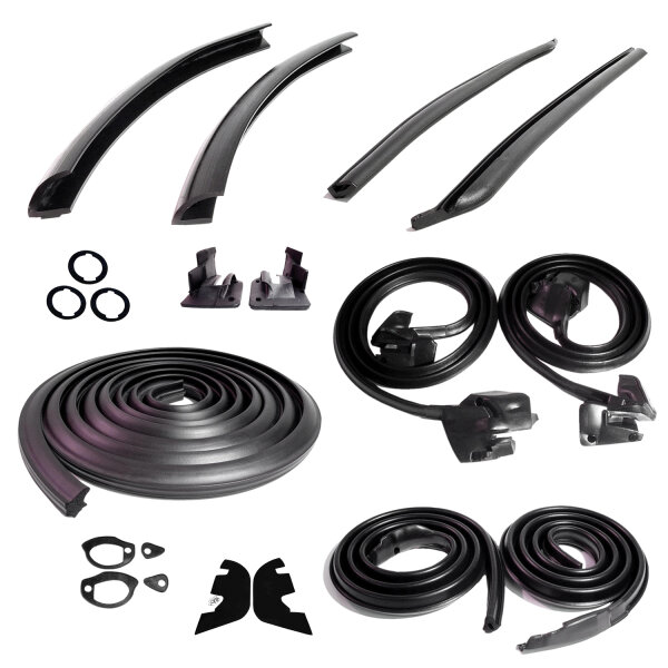 Master Kit. 2-door hardtop with plastic inner fenders and with cowl induction. Includes door seals  (LM 12-A), roof-rail seals (RR 5003), trunk seal (TK 46-16), door lock pillar seals (ALP 5002), (3) lock cylinder pads (UM 1600-100), rear roll-up seals (V