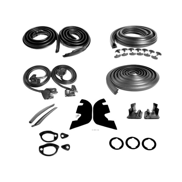 Master Kit. 2-door hardtop with plastic inner fenders and with cowl induction. Includes door seals  (LM 12-A), roof-rail seals (RR 5003), trunk seal (TK 46-16), door lock pillar seals (ALP 5002), (3) lock cylinder pads (UM 1600-100), rear roll-up seals (V
