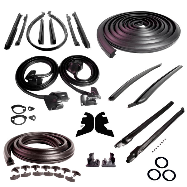 Master Kit. Convertible with plastic inner fenders and without cowl induction. Includes door seals (LM 12-A), roof-rail seals (RR 1610), trunk seal (TK 46-16), door lock pillar seals (ALP 5002), (3) lock cylinder pads (UM 1600-100), rear roll-up seals (VS