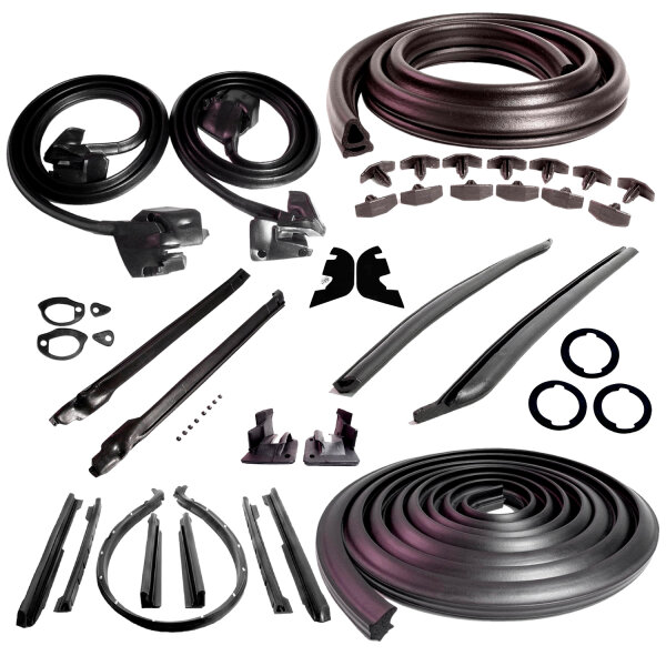 Master Kit. Convertible with plastic inner fenders and without cowl induction. Includes door seals (LM 12-A), roof-rail seals (RR 1610), trunk seal (TK 46-16), door lock pillar seals (ALP 5002), (3) lock cylinder pads (UM 1600-100), rear roll-up seals (VS
