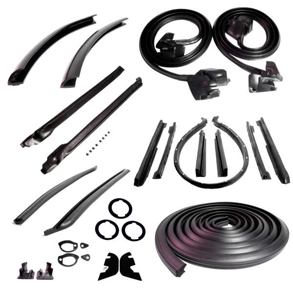 Master Kit. Convertible with plastic inner fenders and with cowl induction. Includes door seals (LM 12-A), roof-rail seals (RR 1610), trunk seal (TK 46-16), door lock pillar seals (ALP 5002), (3) lock cylinder pads (UM 1600-100), rear roll-up seals (VS 3-