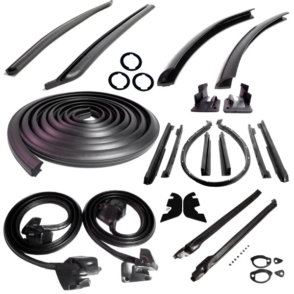 Master Kit. Convertible with plastic inner fenders and with cowl induction. Includes door seals (LM 12-A), roof-rail seals (RR 1610), trunk seal (TK 46-16), door lock pillar seals (ALP 5002), (3) lock cylinder pads (UM 1600-100), rear roll-up seals (VS 3-
