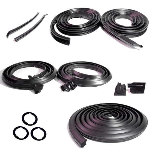 Master Kit for 2-Door Hardtop. Door Seal(LM 12), Roof Rail Seal(RR 5001), Trunk Seal(TK 46-16), Door Lock Pillars(ALP 5000), 3-Lock Cylinder Pad(UM 1600-100), Rear Roll-up Seal(VS 3-L)