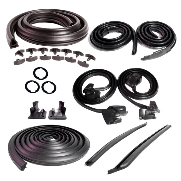 Master Kit. 2-door hardtop. Includes door seals  (LM 12-A), roof-rail seals (RR 5003), trunk seal (TK 46-16), door lock pillar seals (ALP 5002), (3) lock cylinder pads (UM 1600-100), rear roll-up seals (VS 3-M) and hood-to-cowl seal (CS 5).