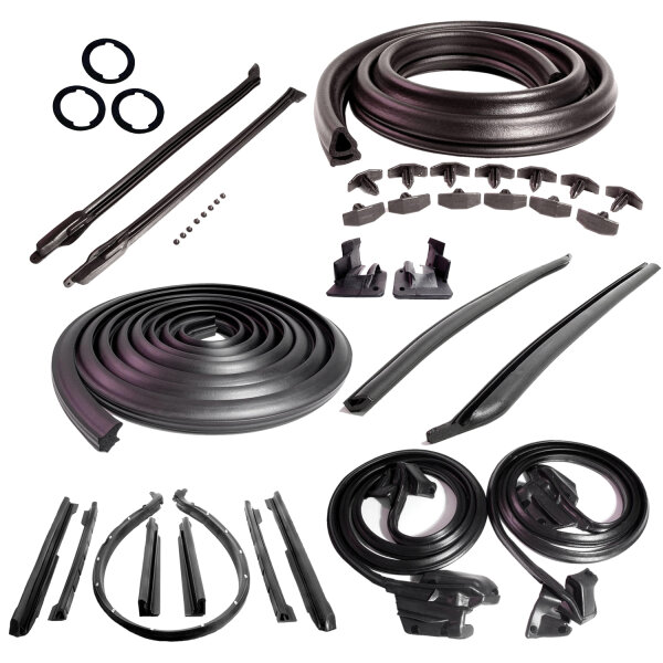 Master Kit. Convertible. Includes door seals (LM 12-B), roof-rail seals (RR 1610), trunk seal (TK 46-16), door lock pillar seals (ALP 5002), (3) lock cylinder pads (UM 1600-100), rear roll-up seals (VS 3-M), pillar-post seals (CZ 8104) and hood-to-cowl se