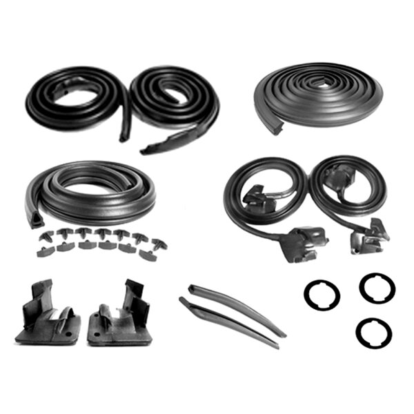 Master Kit. 2-door hardtop. Includes door seals  (LM 12-A), roof-rail seals (RR 5003), trunk seal (TK 46-16), door lock pillar seals (ALP 5002), (3) lock cylinder pads (UM 1600-100), rear roll-up seals (VS 3-M) and hood-to-cowl seal (CS 5).