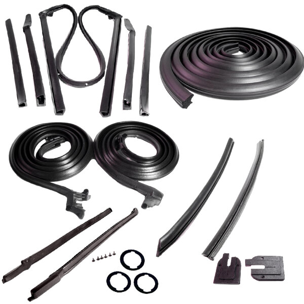 Master Kit, for Convertibles.  Molded Door Seals (LM 12-C), Roof Rail Seals (RR 1611), Trunk Seal (TK 46-16), Window Channel Set (WC 7300-13), Door Lock Pillar Seals (ALP 5001), 3 ea.-Lock Cylinder Pad (UM 1600-100), Rear Roll-up Seals (VS 3-I), Pillar Po