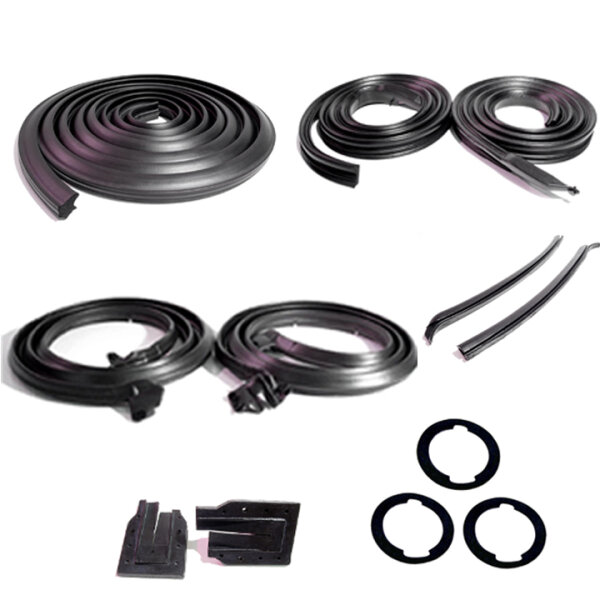 Master kit. 2-door hardtop. Molded door seals (LM 12), roof-rail seals (RR 5001), trunk seal (TK 46-16), door-lock pillar seals (ALP 5000), door/trunk lock-cylinder pads (UM 1600-100), and rear window roll-up seals (VS 3-L).