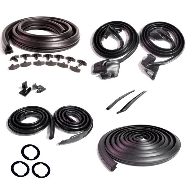 Master kit. 2-door hardtops. Includes door seals(LM 12-G), roof-rail seals (RR 5003), trunk seal(TK 46-16), door-lock pillar seals (ALP 5002-A), three lock cylinder pads (UM 1600-100), rear roll-up windows seals (VS 3-M) and hood-to-cowl seal (CS 5).
