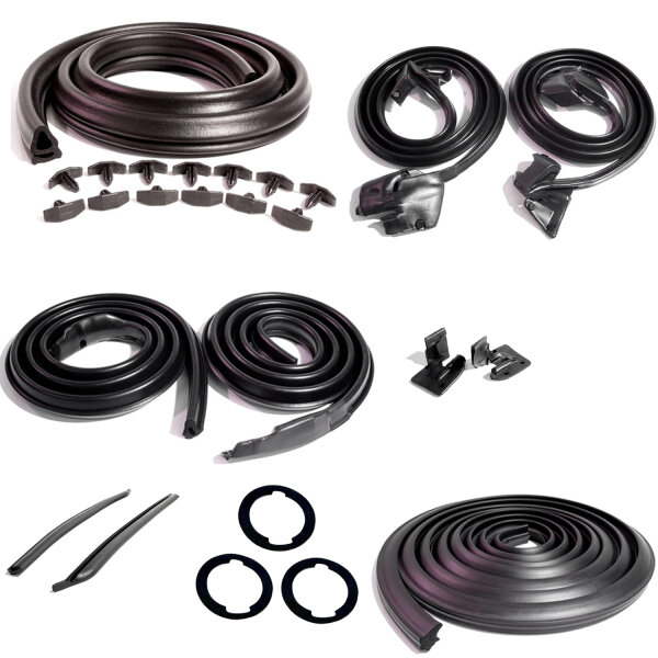 Master Kit for 2-Door Hardtops. Door Seal(LM 12-G), Roof Rail Seal(RR 5003), Trunk Seal(TK 46-16), Door Lock Pillars(ALP 5002-A), 3-Lock Cylinder Pad(UM 1600-100), Rear Roll-up Seal(VS 3-M), Hood/Cowl Seal(CS 5)