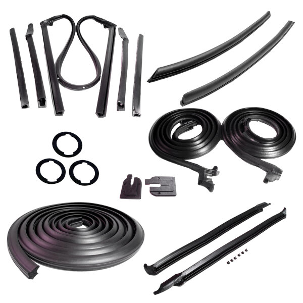Master kit. Convertible.  Molded door seals (LM 12-C), roof-rail seals (RR 1611), pillar-post seals (CZ 8108), trunk seal (TK 46-16), door-lock pillar seals (ALP 5001), door/trunk lock cylinder pads (UM 1600-100), rear roll-up seals (VS 3-H).