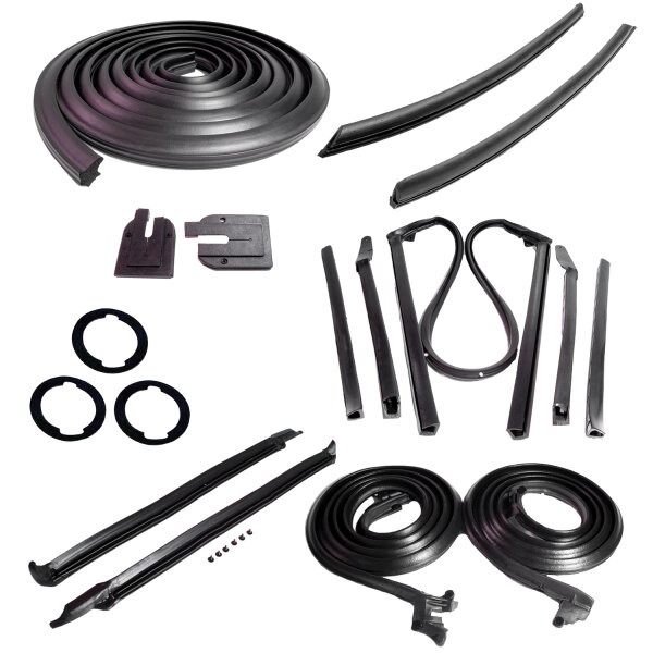Master kit. Convertible.  Molded door seals (LM 12-C), roof-rail seals (RR 1611), pillar-post seals (CZ 8108), trunk seal (TK 46-16), door-lock pillar seals (ALP 5001), door/trunk lock cylinder pads (UM 1600-100), rear roll-up seals (VS 3-H).