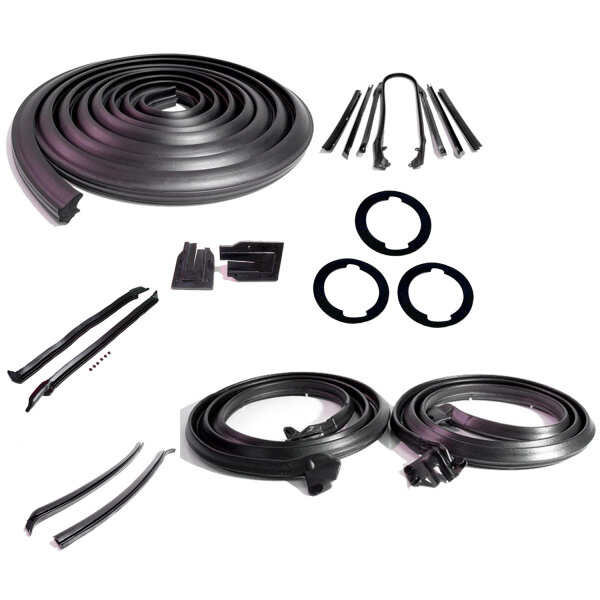 Master kit. Convertible.  Molded door seals (LM 12), roof-rail seals (RR 1609), pillar-post seals (CZ 8107), trunk seal (TK 46-16), door-lock pillar seals (ALP 5000), door/trunk lock cylinder pads (UM 1600-100), rear roll-up seals (VS 3-L).