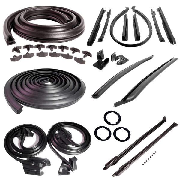 Master Kit for 2-Door Convertibles. Door Seal(LM 12-B), Roof Rail Seal(RR 1610), Trunk Seal(TK 46-16), Door Lock Pillars(ALP 5002-A), 3-Lock Cylinder Pad(UM 1600-100), Rear Roll-up Seal(VS 3-M), Hood/Cowl Seal(CS 5), Pillar Post Seal(CZ 8104)