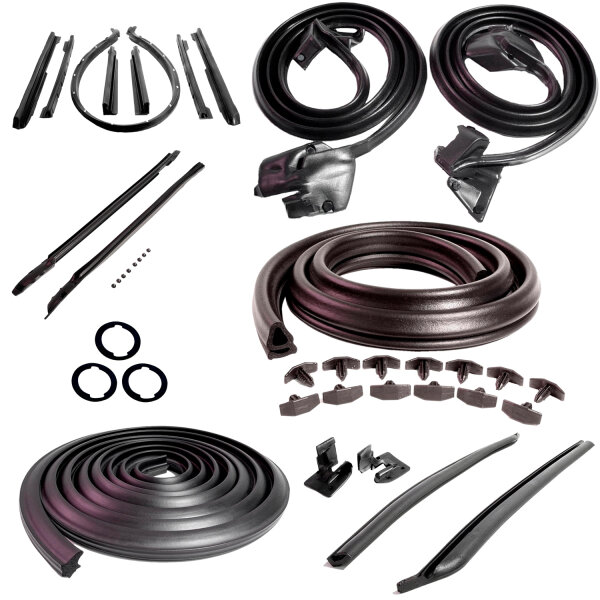 Master Kit for 2-Door Convertibles. Door Seal(LM 12-G), Roof Rail Seal(RR 1610), Trunk Seal(TK 46-16), Door Lock Pillars(ALP 5002-A), 3-Lock Cylinder Pad(UM 1600-100), Rear Roll-up Seal(VS 3-M), Hood/Cowl Seal(CS 5), Pillar Post Seal(CZ 8103)