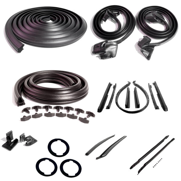 Master Kit for 2-Door Convertibles. Door Seal(LM 12-G), Roof Rail Seal(RR 1610), Trunk Seal(TK 46-16), Door Lock Pillars(ALP 5002-A), 3-Lock Cylinder Pad(UM 1600-100), Rear Roll-up Seal(VS 3-M), Hood/Cowl Seal(CS 5), Pillar Post Seal(CZ 8103)