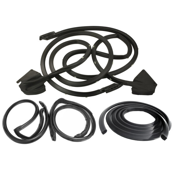 Basic kit. 75-79 Mopar B-body 2-door hardtop and coupe with descending B-pillar post and Opera windows. 7-piece kit includes left and right side door seals, roof-rail seals, door end-cap filler seals, and trunk seal. Set.