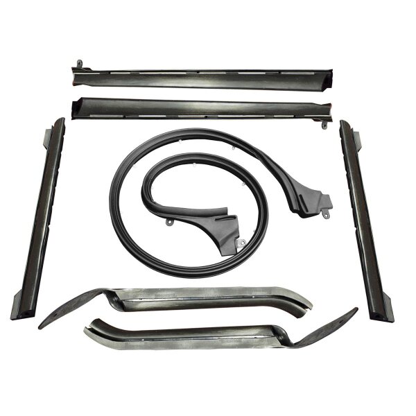 Convertible top-rail kit. 68-69 Camaro and Firebird convertibles only. (See RR 1500 for 67 convertibles). Includes all left-side and right-side top-rail seals and windshield top header seal (p/n HD 1501). 7-piece set.