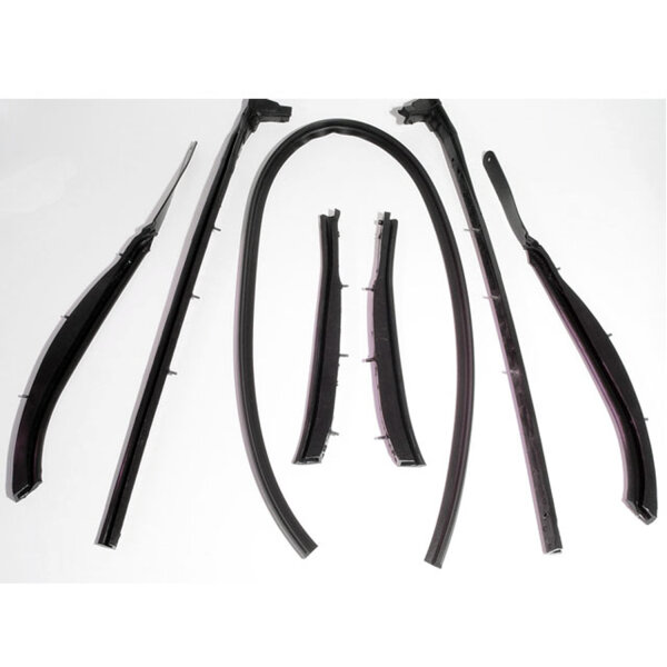 Convertible Top Roof Rail Kit.  7-Piece set includes all right and left side top rail seals and windshield top header seal.  Made with steel core and threaded studs.  Replaces OEM #s 4783-608-09, 4780-555-6, 4780-553-4