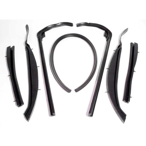 Convertible Top Roof Rail Kit.  7-Piece set includes all right and left side top rail seals and the windshield top header seal.  Made with metal cores.